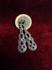 Antique STERLING & MARCASITE Earrings Many Stones Woven Knotted Fine Drop Beauty - Picture 1 of 12