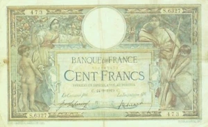 Banknote Banque de France 100 Fr Luc Olivier Merson C.24=9=1919 Sehr guter Zustand - Bild 1 von 2