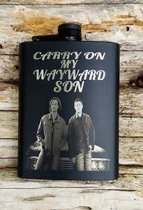 Carry On My Wayward Son - Supernatural Tribute - Black Stainless Hip Flask 8 oz. - Picture 1 of 4