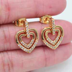 18K Yellow Gold Filled Women Clear Topaz Love Heart Dangle Stud Earrings Jewelry