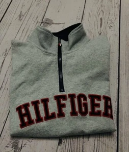 Tommy Hilfiger Boys Youth Gray 1/4 Zip Sweatshirt Flag Patch Spell-out - Picture 1 of 9