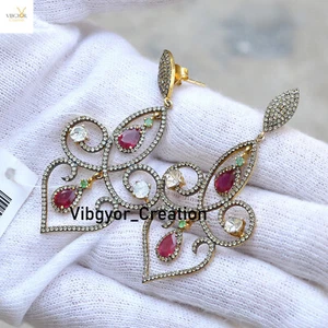 Pave Diamond Dangle Earrings 925 Silver Polki Ruby Earrings Gold Plated Jewelry - Picture 1 of 3