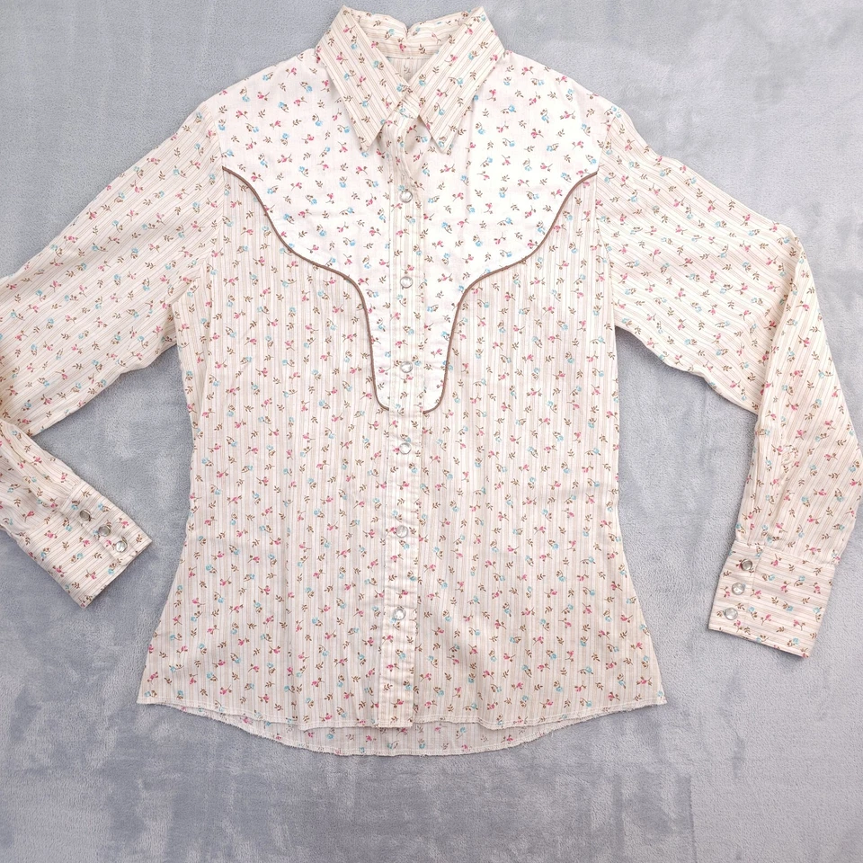 De colección Años 70 Wrangler Western Floral Perla Snap Piping Marrón 34 Rosa Azul Ajustado Foto 1 de 4