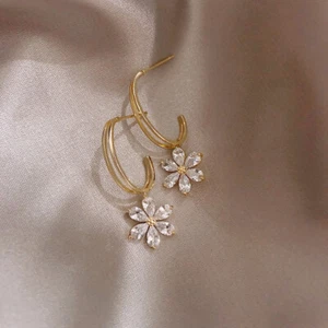 Womens Earrings Gold Plated Drop Hoop Flower Plant Crystal Trendy Modern NEW! - Picture 1 of 3