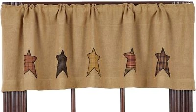 Rustic Burlap Window Valance Country Plaid Star Patches 60" Wide Stratton - Image 1 of 4
