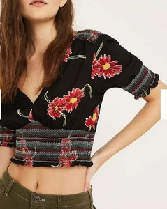 Urban Outfitters Black Red Floral Smocked Crop Top Blouse XS TP Made in India - Picture 1 of 15