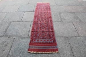 Vintage Hand Made Afghan Mushvani Oriental Red Blue Wool Narrow Runner 240x57cm - Picture 1 of 14