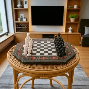15" Black Marble Chess Board with Inlay Flowers Octagon Chess Set with Pieces - Picture 1 of 5