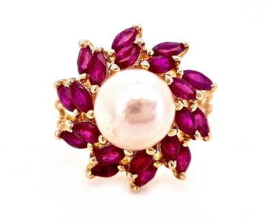 14K YELLOW GOLD PEARL AND GENUINE MARQUISE RUBY HALO RING - Image 1 of 4