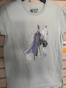 Carhartt T-Shirt Girls Short Sleeve Shirt Blue Green Horse Graphic Print Youth - Picture 1 of 3