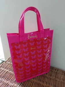 Harrods Pink Floral Shopping Tote Bag Plastic. Beach Holiday Butterfly Pattern - Picture 1 of 4