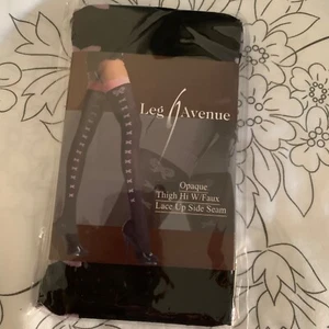 LEG AVENUE BLACK OPAQUE THIGH HI with FAUX LACE UP SIDE SEAM PATTERN - O/S - Picture 1 of 6