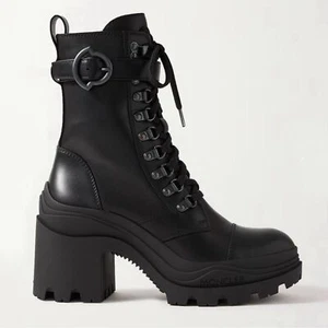 Moncler Women’s Envile Buckled Leather Combat Boots Black 40 - Picture 1 of 12