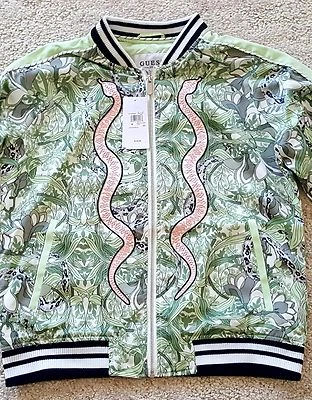 GUESS Bomber Jacket Green Snake Embroidered Size Medium M $128 - Image 1 of 4
