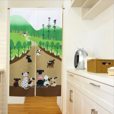Happy Dog Family Green Noren Door Curtain Doorway Divider Tapestry Decorate NEW - Image 1 of 4
