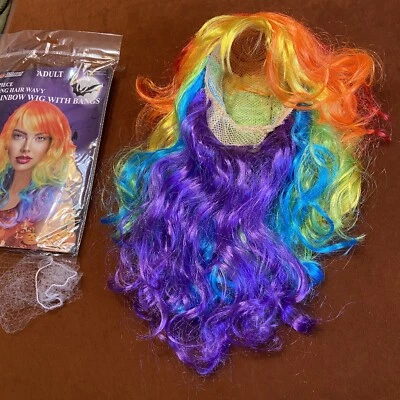 NEW 22” Rainbow Halloween Wig Bangs Sexy Cosplay Pride Anime Wavy Curly Hair - Image 1 of 4