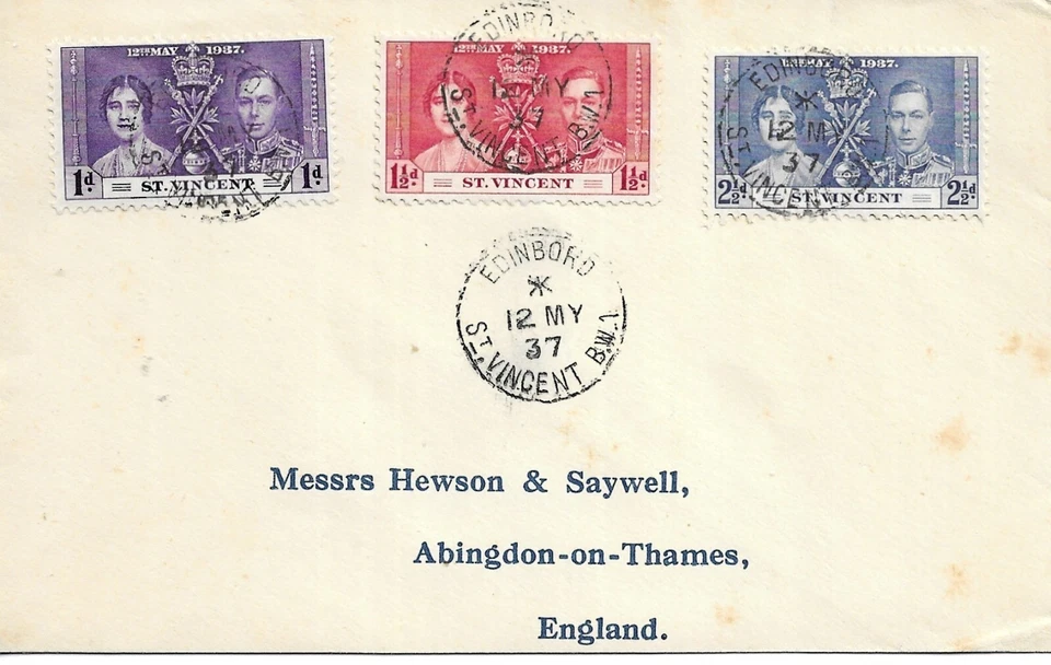 ST VINCENT     SC138-140      SG146-148        FDC  AT "EDINBORO"  12 MY37 - Image 1 of 1