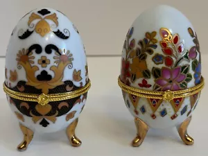 2er Set Cloisonne Floral auf Porzellan Ei aufklappbar Goldrand Schmuckschatulle - Bild 1 von 14