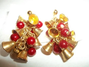 BELLS & RED ORNAMENTS CLIP ON EARRINGS - CHRISTMAS - Picture 1 of 2
