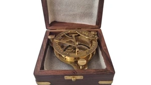 Brass Sundial Compass with Wooden Box - Picture 1 of 9