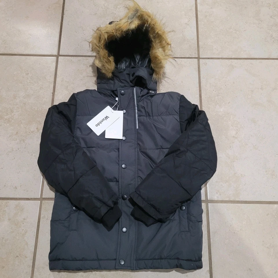 Abrigo de invierno Wantdo para niños talla 8 acolchado chaqueta aislante capucha de piel gris negro Foto 1 de 4