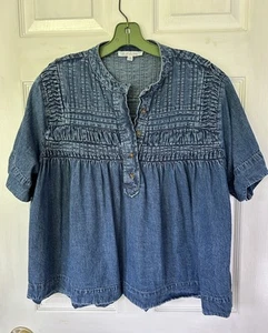 Solitaire Women's L Blue Denim Short Sleeve Popover Baby Doll Top 100% Cotton - Picture 1 of 7