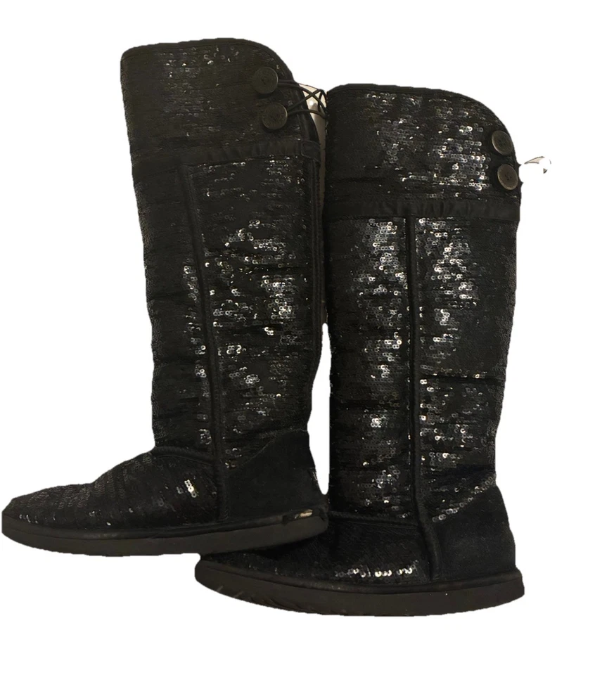 UGG AUSTRALIA ~ Botas de lentejuelas negras brillantes Bailey por encima de la rodilla ~ MUJER TALLA 6  Foto 1 de 4