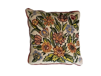 Vintage Floral Needlepoint Throw Pillow – Handmade Decorative Cushion 14x14 - Image 1 of 4