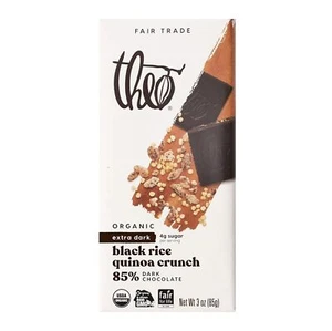 Theo Organic Black Rice Quinoa Crunch 85% Dark Chocolate Bar 3 Oz Pack Of 4 - Picture 1 of 4