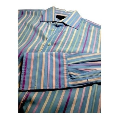 Duchamp London Mens Large Shirt French‎ Cuff Blue with Pink Grey Striped Cotton - Image 1 of 4