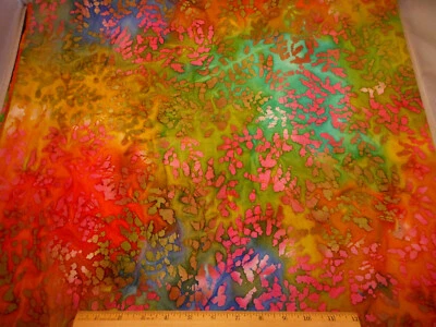 Batik Fabric 3/4 Yard Floral Blue Green Orange Gold Pink Brown Premium Cotton #5 - Image 1 of 2