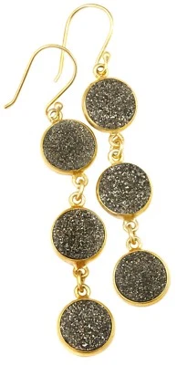 14k Yellow Gold Druzy Earrings Black Triple Hung Round Bezel Long Drops 2.5 Inch - Image 1 of 3