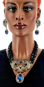 Collier Ohrringe Zebra Statement Strass Kette schwarz blau sign. Heidi Daus (AB) - Bild 1 von 15