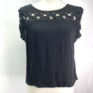 Ella Moss Kaliso Blouse Black Cutout Scoop Neck Cap Sleeve Stretch Top Women M - Picture 1 of 6
