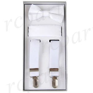 New Kid's Boy's Suspender elastic strap clip on_bowtie & hankie White wedding - Picture 1 of 1