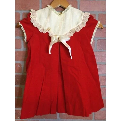 Vestido Vintage Fischel Niñas Terciopelo Encaje Borde Rojo Marfil Talla 6 Fiesta de Bautizo Foto 1 de 4