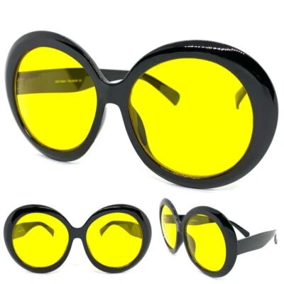OVERSIZE EXAGGERATED RETRO SUNGLASSES X-Large Huge Round Black Frame Yellow Lens - Image 1 of 4
