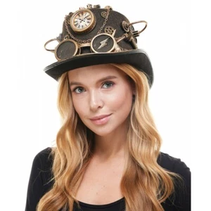 Steampunk Top Hat Time Traveler Costume Masquerade Accessory w/ Goggles [Gold] - Picture 1 of 2