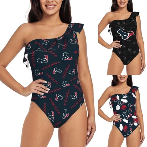 Houston Texans One Shoulder Ruffle Swimsuits Sexy Women's Bikini Swimsuit Cover