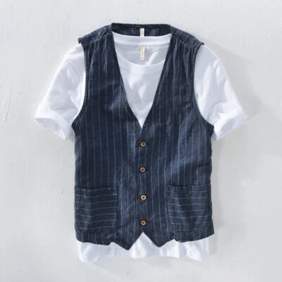Mens Linen Look Stripe Vest Jacket Pocket Gilet Top Casual Summer  Waistcoat W - Image 1 of 4