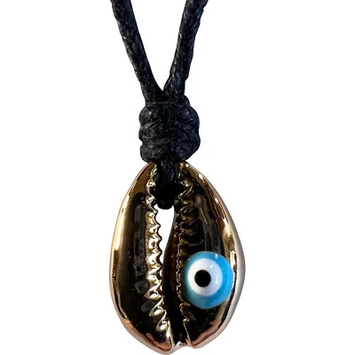 Shiny Gold Colour Sea Shell Evil Eye Pendant Necklace Black Cord Chain Jewellery - Image 1 of 4