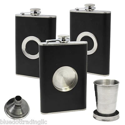 (3) 8 oz Stainless Steel FLASK  Leather Wrapped SS Funnel & Shot Glass Built In - Image 1 of 4