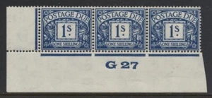 1924 1/- DEEP BLUE BLOCK CYPHER WMK (G27) CONTROL STRIP OF THREE. SG D17 - Imagen 1 de 1