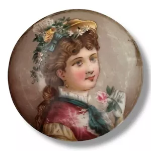 Antique Victorian Hand Painted Porcelain 2.5" Round Portrait of a Lady w/ Rose - Picture 1 of 5