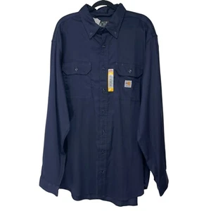 Carhartt Shirt Men 2XL TALL Navy Blue Fire Resistant Loose Fit Twill Long Sleeve - Picture 1 of 13