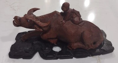 Vintage Chinese Carved Wood Boy Riding Water Buffalo Ox Oxen w Base LH Facing - Image 1 of 4