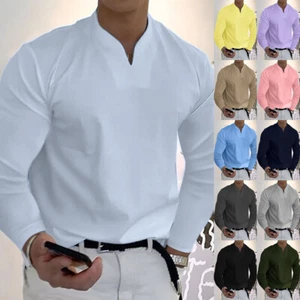 Mens Polo Casual Shirts Long Sleeve Grandad Loose Casual Solid Blouse Tops Tee - Picture 1 of 25