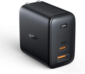 Aukey 65w Dual Port Wall Charger & USB-C Cable, IPHONE, IPAD, SAMSUNG, MACBOOK - Picture 1 of 8