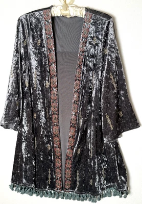 Easel Crushed Velvet Small Gray Kimono Embroidered Bell Sleeve BOHO Hippie Fairy - Image 1 of 4