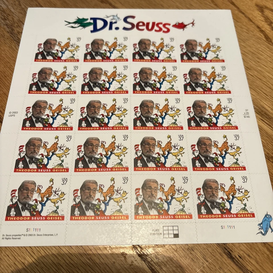 2004 USPS Dr Seuss 37¢ Full Sheet 20 Mint Stamps Theodor Geisel Cat In The Hat - Image 1 of 1